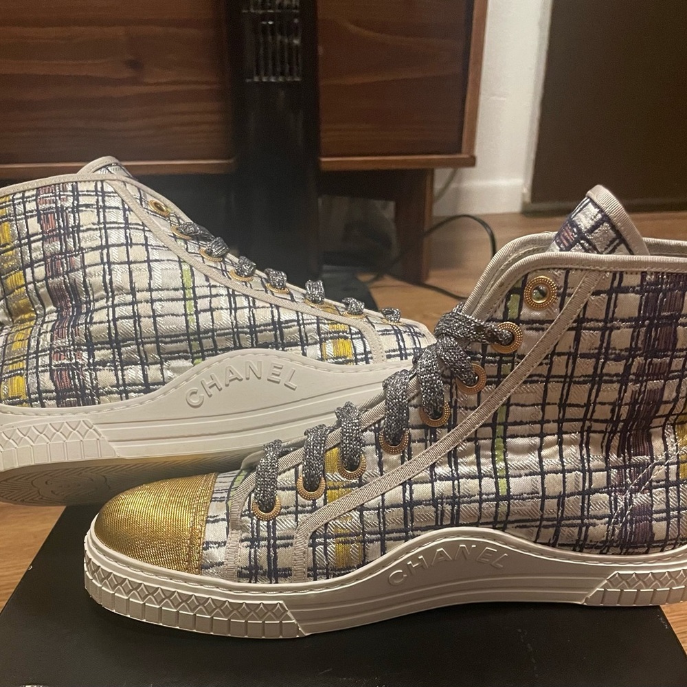 Chanel Tweed and Fabric High Top Sneakers Size 39 1/2